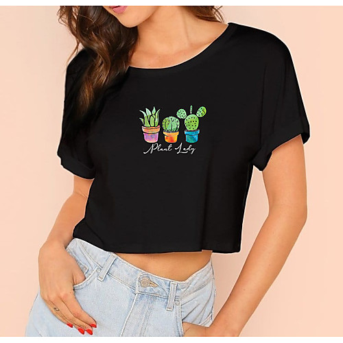 

Women's Crop Tshirt Plants Graphic Print Round Neck Tops 100% Cotton Basic Basic Top White Black