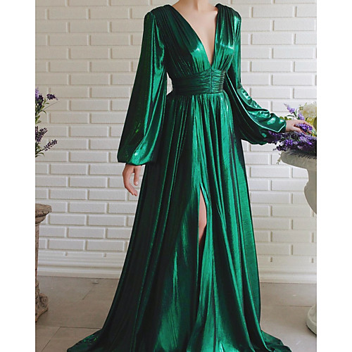 

Women's A Line Dress Maxi long Dress Green Long Sleeve Solid Color Split Fall Spring V Neck Elegant Vintage Christmas Lantern Sleeve 2021 S M L XL XXL