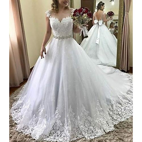 

Princess Ball Gown Wedding Dresses Jewel Neck Court Train Lace Tulle Sleeveless Formal Romantic Luxurious Sparkle & Shine with Bow(s) Appliques 2021