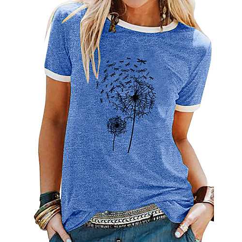 

Women's T shirt Dandelion Patchwork Print Round Neck Tops Basic Basic Top White Blue Purple