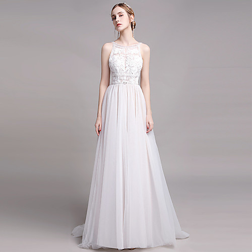 

A-Line Wedding Dresses Jewel Neck Floor Length Lace Tulle Sleeveless Romantic with Beading Appliques 2021