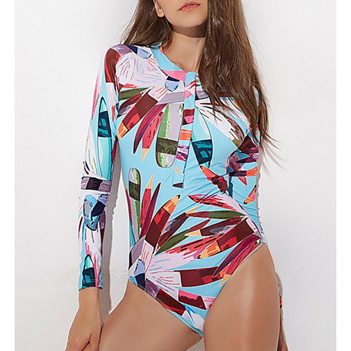 

Women's Rash Guard Diving Swimsuit Zipper Slim Color Block Abstract Colored crayons Swimwear Padded Bodysuit High Neck Bathing Suits New Fashion Sexy