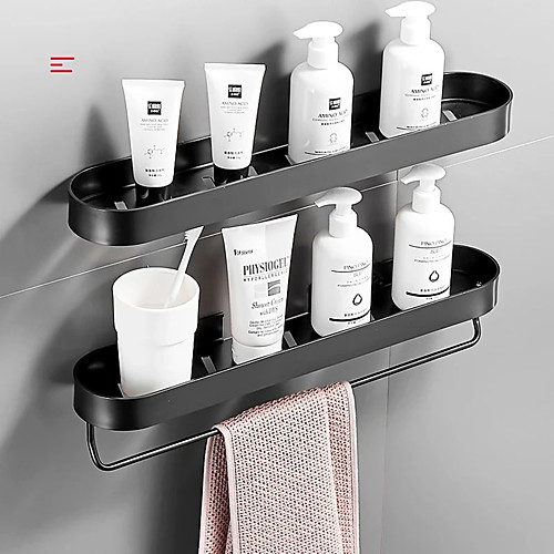 

30cm Bathroom Black Shelf with Towel Bar Space Aluminum Corner Shelves Towel Rack with Hook Shampoo Holder Kitchen Storage Rack