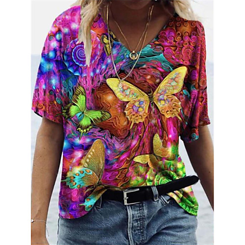 

Women's T shirt Graphic Butterfly Print V Neck Tops Basic Basic Top Purple Green Rainbow