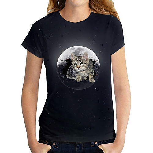 

Women's T shirt Cat Graphic 3D Print Round Neck Tops Basic Basic Top Black