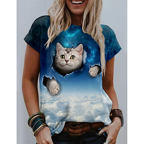 

Women's T shirt Cat Graphic 3D Print Round Neck Tops Basic Basic Top Blue