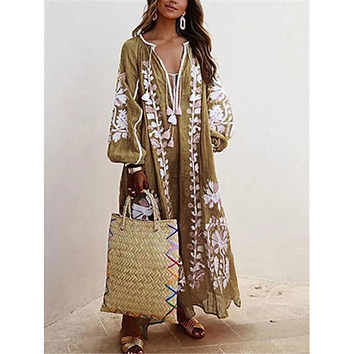 

Women's Swing Dress Maxi long Dress Blue Red Orange Khaki Green Light Blue Long Sleeve Print Print Fall V Neck Casual Oversized 2021 S M L XL XXL 3XL