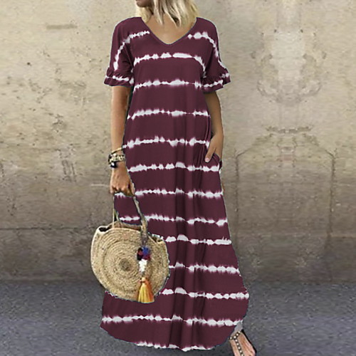 

Women's Swing Dress Maxi long Dress Wine Navy Black Dark Purple Brown Navy Blue Gray Short Sleeve Striped Print Summer V Neck Casual 2021 S M L XL 2XL 3XL 4XL 5XL