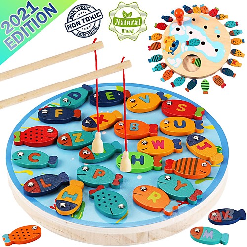 

Magnetic Wooden Fishing Game Toy for Toddlers - Alphabet Fish Catching Counting Preschool Board Games Toys for 3 4 5 Year Old Girl Boy Kids Birthday Learning Education Math with Magnet Poles