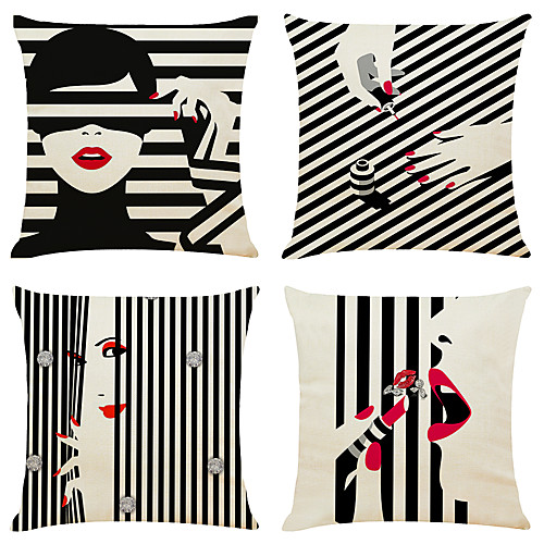 

4 pcs Linen Pillow Cover, Striped Simple Classic Square Zipper Traditional Classic