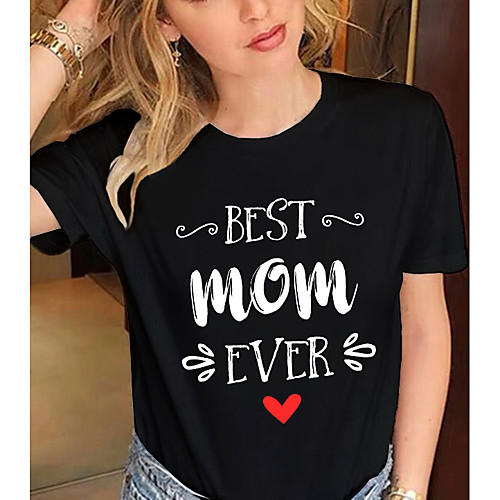 

Women's T shirt Heart Text Print Round Neck Tops 100% Cotton Basic Basic Top White Black