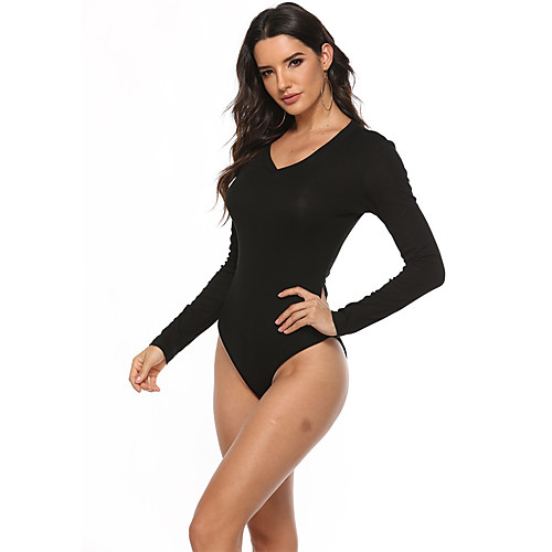 

Women's Bodysuit Zentai Jumpsuit Plain Long Sleeve V Neck Tops Cotton Basic Streetwear Basic Top White Black Gray