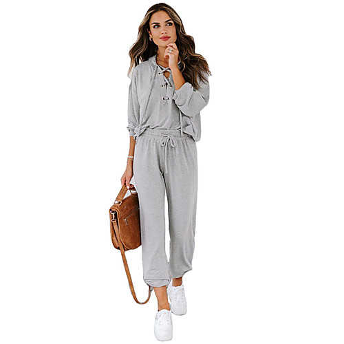 

Women's Basic Streetwear Plain Daily Two Piece Set Hoodies & Sweatshirts Tracksuit Pant Rivet Lace up Tops