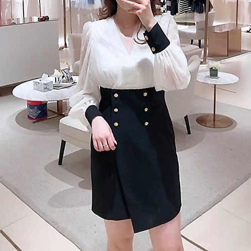 

Sheath / Column Color Block Elegant Homecoming Cocktail Party Dress V Neck Long Sleeve Short / Mini Spandex with Buttons 2021