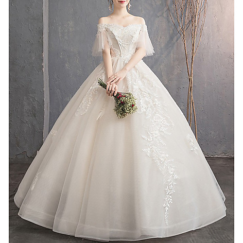 

Princess Ball Gown Wedding Dresses Off Shoulder Floor Length Lace Tulle Short Sleeve Formal Romantic with Appliques 2021