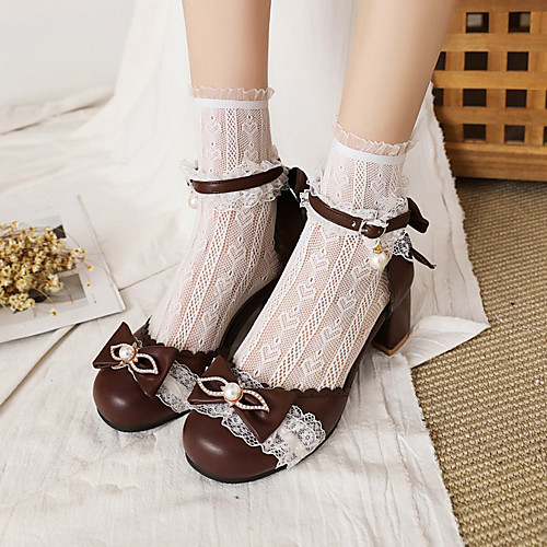 

Women's Lolita Shoes Chunky Heel Round Toe Lace PU Bowknot Pearl Lace Solid Colored Dark Brown White Pink