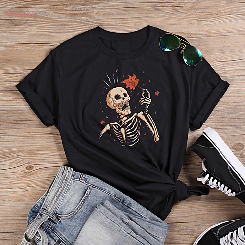 

Women's T shirt Graphic Floral Skull Print Round Neck Tops 100% Cotton Basic Punk & Gothic Basic Top White Black Purple