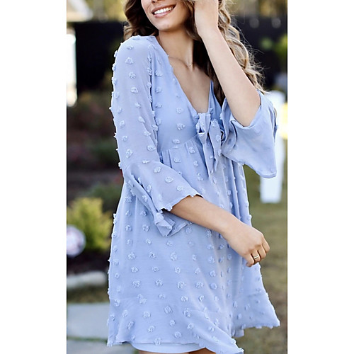 

Women's Chiffon Dress Knee Length Dress Light Blue 3/4 Length Sleeve Solid Color Bow Summer V Neck Casual 2021 S M L XL
