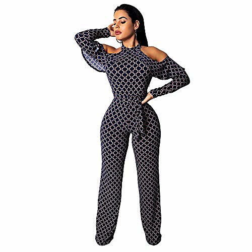 

sexy women's off the shoulder rompers and jumpsuits long flare sleeve plus size wide leg pants clubwear blue xs