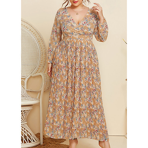 

Women's Plus Size Floral Print Casual Long Sleeve Spring & Fall Maxi long Dress Swing Dress Blue Beige