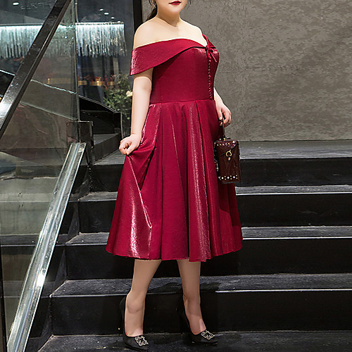 

A-Line Minimalist Plus Size Homecoming Wedding Guest Dress Off Shoulder Short Sleeve Tea Length Satin with Buttons 2021