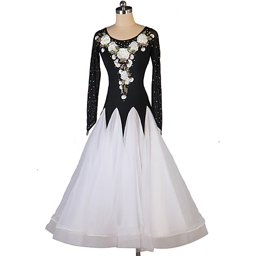 

Ballroom Dance Dress Embroidery Splicing Crystals / Rhinestones Women's Training Performance Long Sleeve Spandex Organza