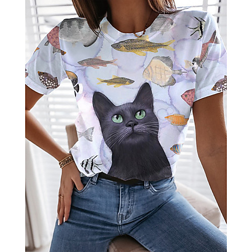 

Women's T shirt Cat Graphic Print Round Neck Tops Basic Basic Top White Blue Gray