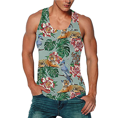 

Men's Tank Top Vest Undershirt 3D Print Floral 3D Print Print Sleeveless Daily Tops Casual Beach Green