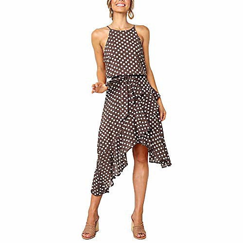 

gloa women halter midi dress, polka dot print irregular hem waist belt sleeveless casual dress coffee xl