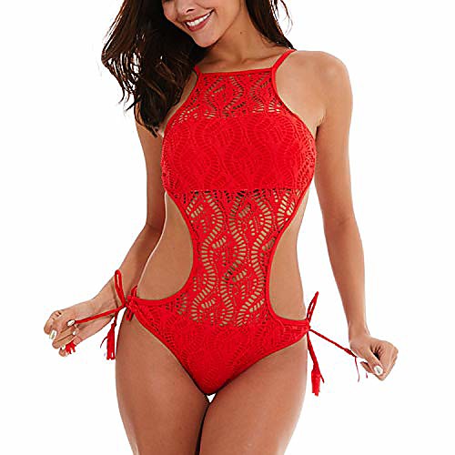 

lu's chic women's strappy swimsuit lace high neck cut out backless one piece bathing suit red l