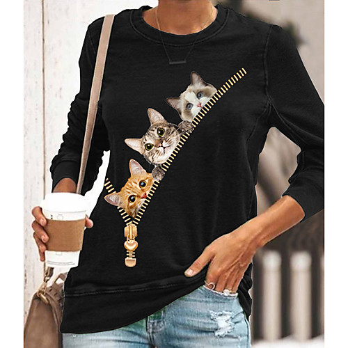 

Women's T shirt Cat Graphic Long Sleeve Print Round Neck Tops Basic Basic Top Black Blue Yellow