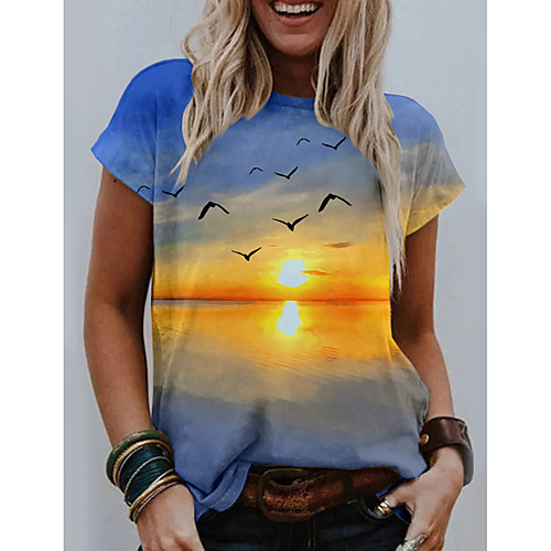 

Women's T shirt Graphic Scenery Print Round Neck Tops Basic Basic Top Blue Green Light Green