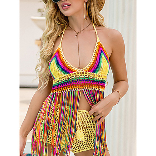 

Women's Tankini 2 Piece Swimsuit Cut Out Hole Color Block Abstract Rainbow Swimwear Camisole Halter Strap Bathing Suits New Fashion Sexy