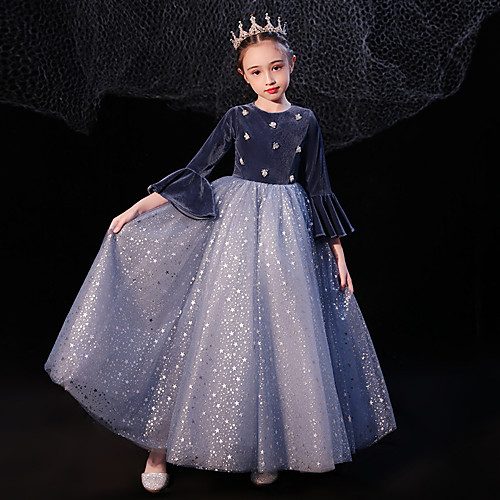 

Princess Floor Length Event / Party / Formal Evening Flower Girl Dresses - Tulle / Velvet 3/4 Length Sleeve Jewel Neck with Pleats / Beading / Splicing