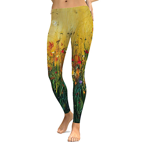 

Women's Stylish Novelty Comfort Leisure Sports Weekend Leggings Pants Flower / Floral Leaf Ankle-Length Sporty Elastic Waist Print Yellow
