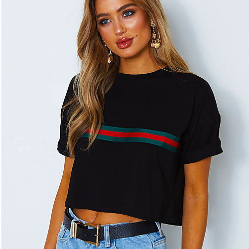 

Women's Crop Top Tee / T-shirt Crop Top Crew Neck Stripes Sport Athleisure T Shirt Top Short Sleeves Breathable Soft Comfortable Everyday Use Street Casual Daily Outdoor