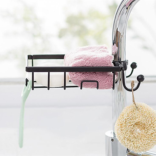 

Drain Rack Shelf Iron for Faucet and Sponge Storage with Hooks Kitchen Storage