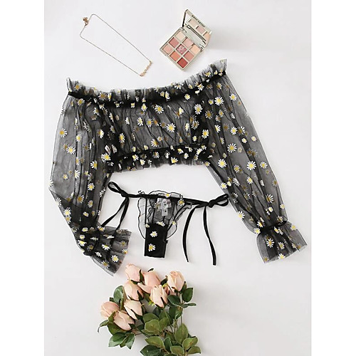 

Women's Layered Lace Hole Matching Bralettes Suits Nightwear Solid Colored Floral Bra Black XS S M