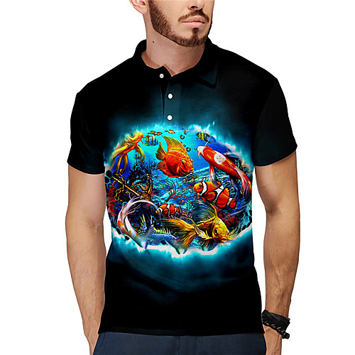 

Men's Polo 3D Print Graphic Prints Fish Animal Button-Down Print Short Sleeve Daily Tops Casual Designer Big and Tall Black