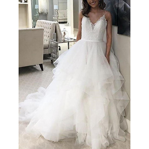 

A-Line Wedding Dresses V Neck Spaghetti Strap Sweep / Brush Train Lace Tulle Sleeveless Country Romantic with Appliques Cascading Ruffles 2021