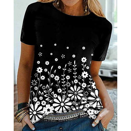 

Women's T shirt Graphic Floral Print Round Neck Tops Basic Basic Top Black