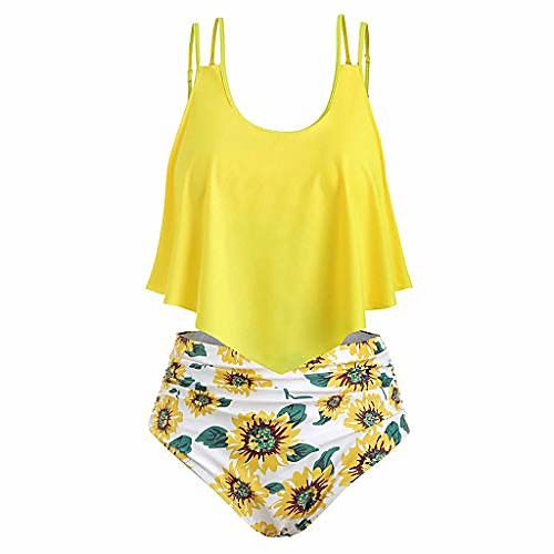 

women two pieces bathing suits sunflower/feather print high waisted ruffled top bikini set tankini switmsuit white