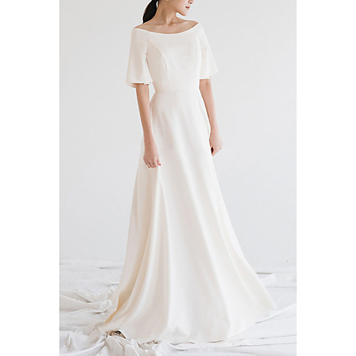 

A-Line Wedding Dresses Off Shoulder Floor Length Satin Short Sleeve Simple Little White Dress with Pleats 2021