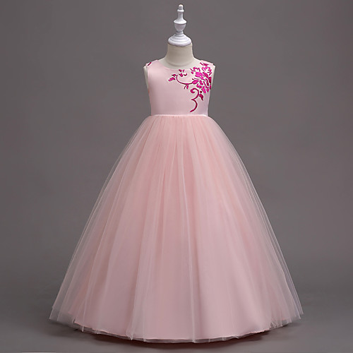 

Princess / Ball Gown Floor Length Wedding / Party Flower Girl Dresses - Tulle Sleeveless Jewel Neck with Embroidery