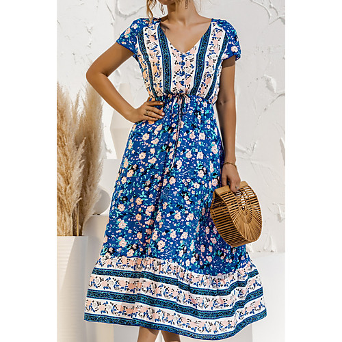 

Women's A Line Dress Maxi long Dress orange Almond Amazon quality yellow-green Main Push Explosion Black Blue Purple Red Green Short Sleeve Print Color Block Patchwork Summer V Neck Casual 2021 S M L