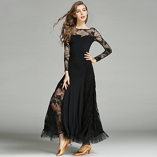 

Ballroom Dance Dress Pleats Solid Women's Training Performance Long Sleeve Natural Lace Ice Silk
