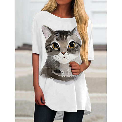 

Women's T Shirt Dress Tee Dress Short Mini Dress White Black Half Sleeve Cat Animal Print Spring Summer Round Neck Casual 2021 S M L XL XXL 3XL