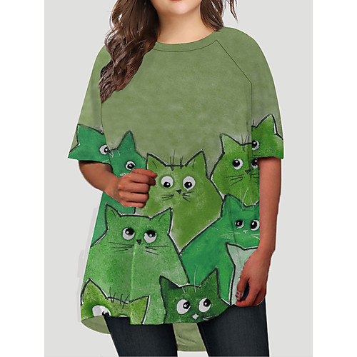 

Women's Plus Size Dresses T Shirt Dress Tee Dress Short Mini Dress Half Sleeve Cat Graphic Animal Print Casual Fall Green XL XXL 3XL 4XL 5XL / Holiday
