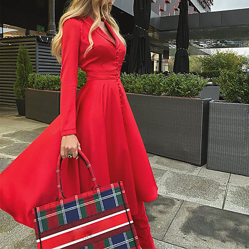 

Women's Swing Dress Midi Dress Black Red Fuchsia Long Sleeve Solid Color Patchwork Button Fall V Neck Elegant Sexy 2021 S M L XL