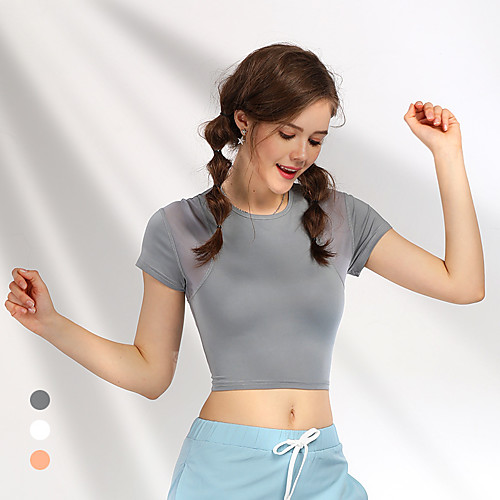 

Women's Crop Top Patchwork Solid Color Pink Grey Mesh Spandex Yoga Fitness Gym Workout Top Short Sleeve Sport Activewear Breathable Quick Dry Comfortable Freedom Stretchy